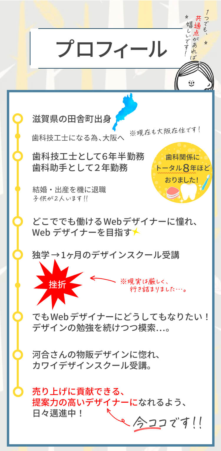 滋賀県出身。歯科関係に８年ほどおりました。売り上げに貢献できる、提案力の高いデザイナーを目指し、邁進中です